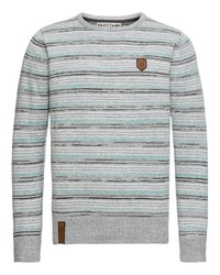 grauer horizontal gestreifter Pullover mit einem Rundhalsausschnitt von Naketano