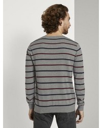 grauer horizontal gestreifter Pullover mit einem Rundhalsausschnitt von Tom Tailor