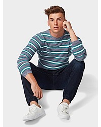 grauer horizontal gestreifter Pullover mit einem Rundhalsausschnitt von Tom Tailor Denim