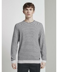 grauer horizontal gestreifter Pullover mit einem Rundhalsausschnitt von Tom Tailor Denim