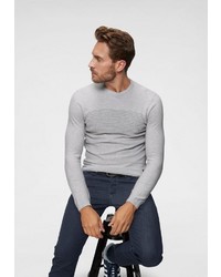 grauer horizontal gestreifter Pullover mit einem Rundhalsausschnitt von Tom Tailor Denim