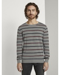 grauer horizontal gestreifter Pullover mit einem Rundhalsausschnitt von Tom Tailor