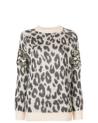 grauer Oversize Pullover mit Leopardenmuster