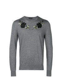 grauer Pullover mit einem Rundhalsausschnitt mit Blumenmuster von Alexander McQueen