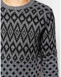 grauer Pullover mit einem Rundhalsausschnitt mit Norwegermuster von Selected