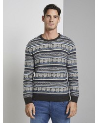 grauer Pullover mit einem Rundhalsausschnitt mit Norwegermuster von Tom Tailor