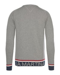 grauer Pullover mit einem Rundhalsausschnitt mit geometrischem Muster von La Martina