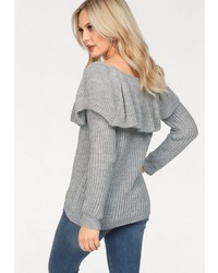 grauer Pullover mit einem Rundhalsausschnitt mit Rüschen von Hailys