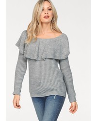 grauer Pullover mit einem Rundhalsausschnitt mit Rüschen von Hailys