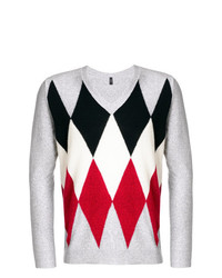 grauer Pullover mit einem V-Ausschnitt mit Argyle-Muster von Eleventy