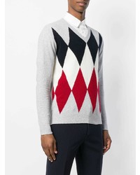 grauer Pullover mit einem V-Ausschnitt mit Argyle-Muster von Eleventy