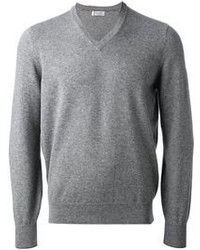 grauer Pullover mit einem V-Ausschnitt von Brunello Cucinelli
