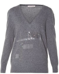 grauer verzierter Pullover mit einem V-Ausschnitt