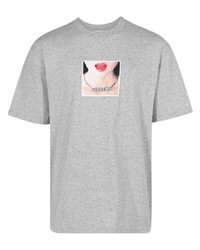 graues bedrucktes Spitze T-Shirt mit einem Rundhalsausschnitt von Supreme