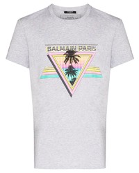 graues bedrucktes T-Shirt mit einem Rundhalsausschnitt von Balmain