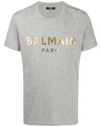 graues bedrucktes T-Shirt mit einem Rundhalsausschnitt von Balmain