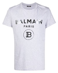 graues bedrucktes T-Shirt mit einem Rundhalsausschnitt von Balmain
