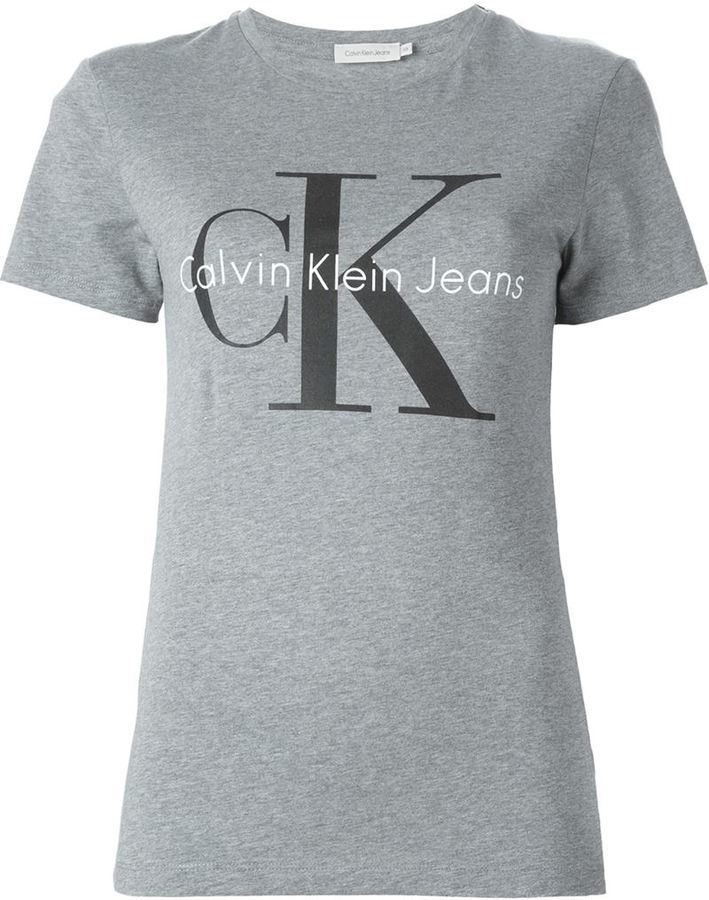 graues bedrucktes T-Shirt mit einem Klein €46 von Jeans, Lookastic Calvin | Rundhalsausschnitt | farfetch.com