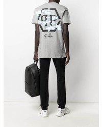 graues bedrucktes T-Shirt mit einem Rundhalsausschnitt von Philipp Plein