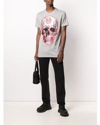 graues bedrucktes T-Shirt mit einem Rundhalsausschnitt von Philipp Plein