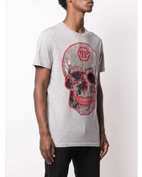 graues bedrucktes T-Shirt mit einem Rundhalsausschnitt von Philipp Plein