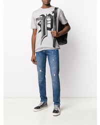 graues bedrucktes T-Shirt mit einem Rundhalsausschnitt von Philipp Plein