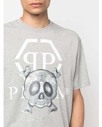 graues bedrucktes T-Shirt mit einem Rundhalsausschnitt von Philipp Plein