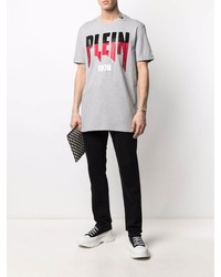 graues bedrucktes T-Shirt mit einem Rundhalsausschnitt von Philipp Plein