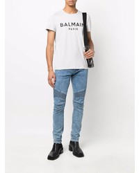 graues bedrucktes T-Shirt mit einem Rundhalsausschnitt von Balmain