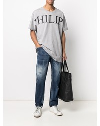 graues bedrucktes T-Shirt mit einem Rundhalsausschnitt von Philipp Plein