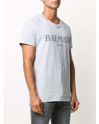 graues bedrucktes T-Shirt mit einem Rundhalsausschnitt von Balmain