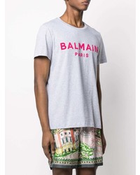 graues bedrucktes T-Shirt mit einem Rundhalsausschnitt von Balmain