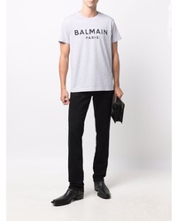 graues bedrucktes T-Shirt mit einem Rundhalsausschnitt von Balmain