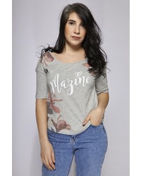 graues bedrucktes T-Shirt mit einem Rundhalsausschnitt von Mazine