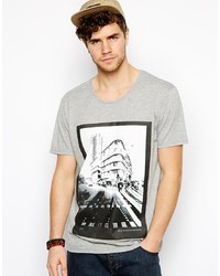 graues bedrucktes T-Shirt mit einem Rundhalsausschnitt von Minimum
