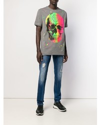 graues bedrucktes T-Shirt mit einem Rundhalsausschnitt von Philipp Plein