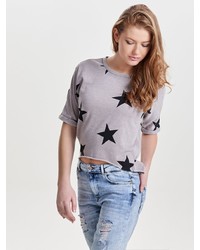 graues bedrucktes T-Shirt mit einem Rundhalsausschnitt von Only