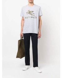 graues bedrucktes T-Shirt mit einem Rundhalsausschnitt von Etro