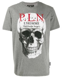 graues bedrucktes T-Shirt mit einem Rundhalsausschnitt von Philipp Plein