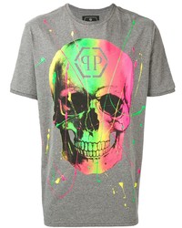 graues bedrucktes T-Shirt mit einem Rundhalsausschnitt von Philipp Plein