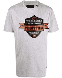 graues bedrucktes T-Shirt mit einem Rundhalsausschnitt von Philipp Plein