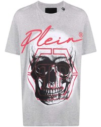 graues bedrucktes T-Shirt mit einem Rundhalsausschnitt von Philipp Plein