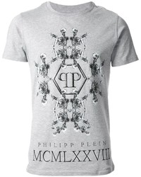 graues bedrucktes T-Shirt mit einem Rundhalsausschnitt von Philipp Plein