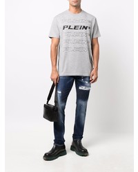 graues bedrucktes T-Shirt mit einem Rundhalsausschnitt von Philipp Plein