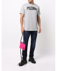 graues bedrucktes T-Shirt mit einem Rundhalsausschnitt von Philipp Plein