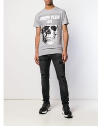 graues bedrucktes T-Shirt mit einem Rundhalsausschnitt von Philipp Plein