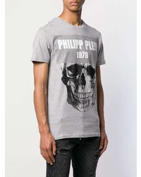 graues bedrucktes T-Shirt mit einem Rundhalsausschnitt von Philipp Plein