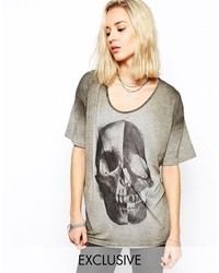 graues bedrucktes T-Shirt mit einem Rundhalsausschnitt von Religion