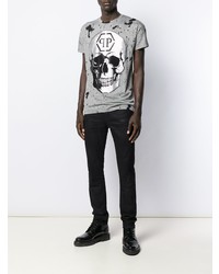 graues bedrucktes T-Shirt mit einem Rundhalsausschnitt von Philipp Plein