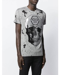 graues bedrucktes T-Shirt mit einem Rundhalsausschnitt von Philipp Plein